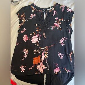 Daniel Rainn Black Blouse with Pink and Orange Floral Design & lace detail